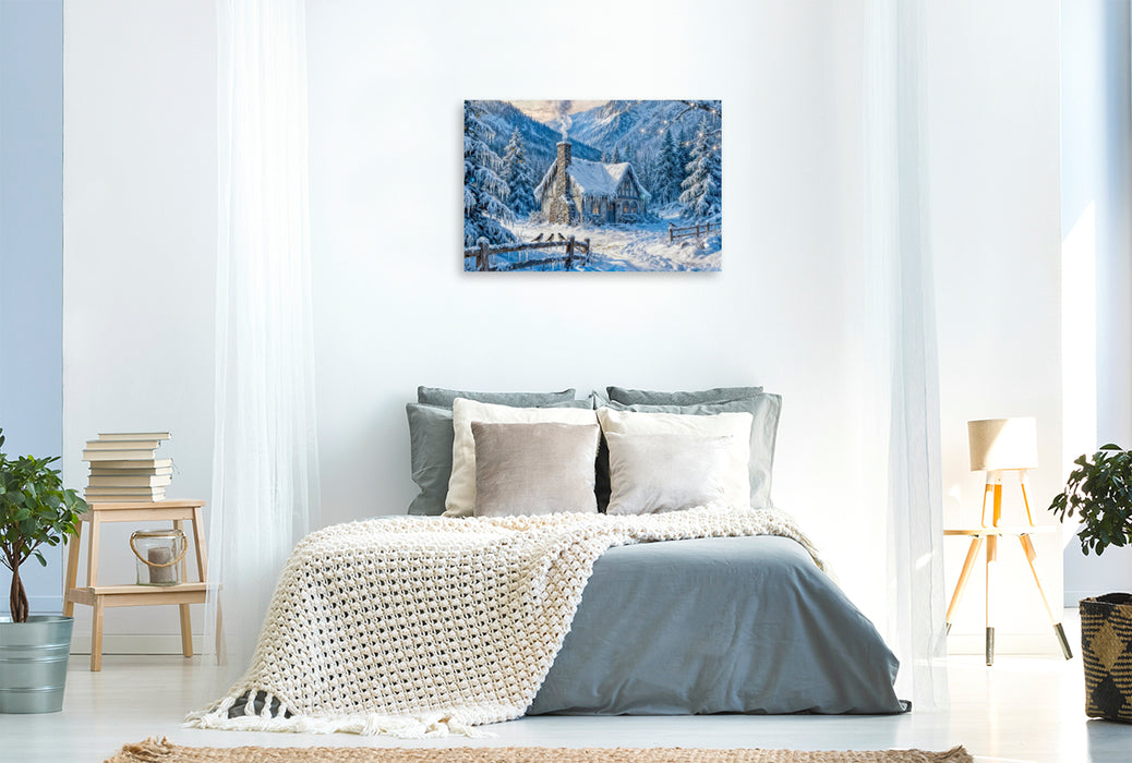 Premium Textil-Leinwand Winter‑Cottage im Bergwald mit Zaun und Waldvögeln