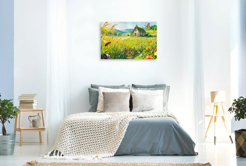 Premium Textil-Leinwand Sommer‑Cottage auf Blumenwiese mit Wäscheleine
