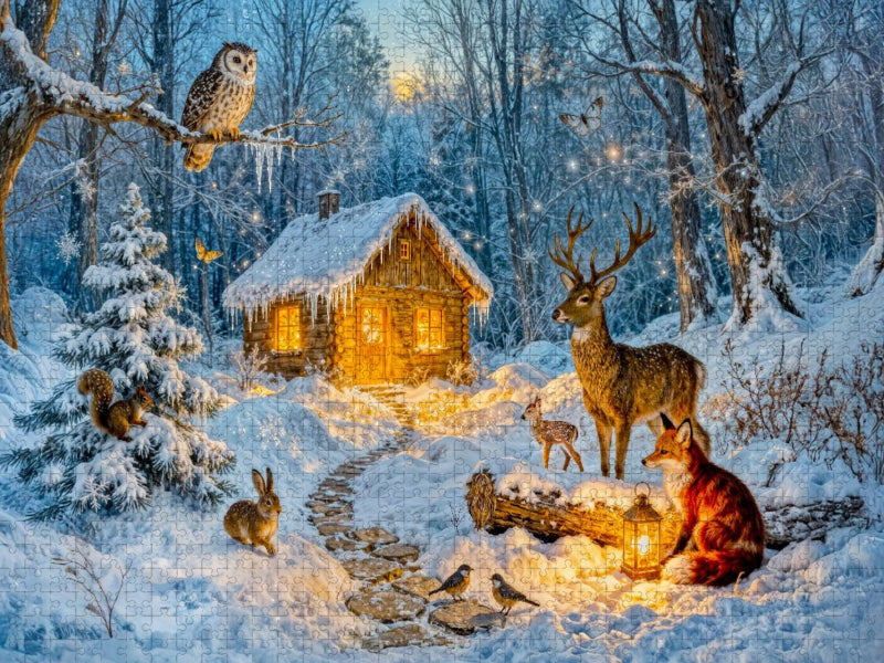 Winter‑Cottage im Wald mit Eule, Hase, Hirsch, Fuchs - CALVENDO Foto-Puzzle'
