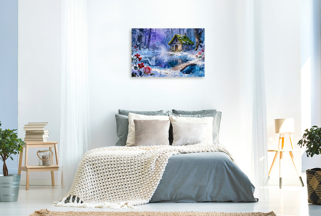 Premium Textil-Leinwand Winter‑Cottage am Bach mit Brücke und Rosenzauber