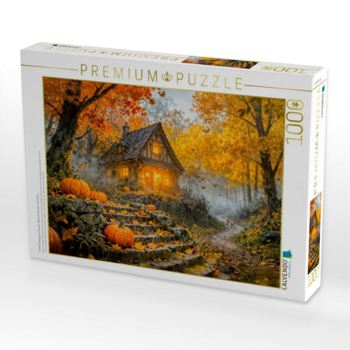 Herbst‑Cottage im bunten Wald mit Kürbis und Fuchs - CALVENDO Foto-Puzzle'