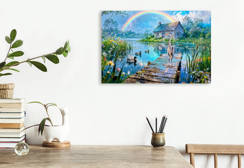 Premium Textil-Leinwand Cottage am See mit Regenbogen und Wasservögeln
