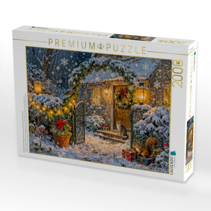 Weihnachts‑Cottage mit Tieren an geschmückter Gartenpforte - CALVENDO Foto-Puzzle'