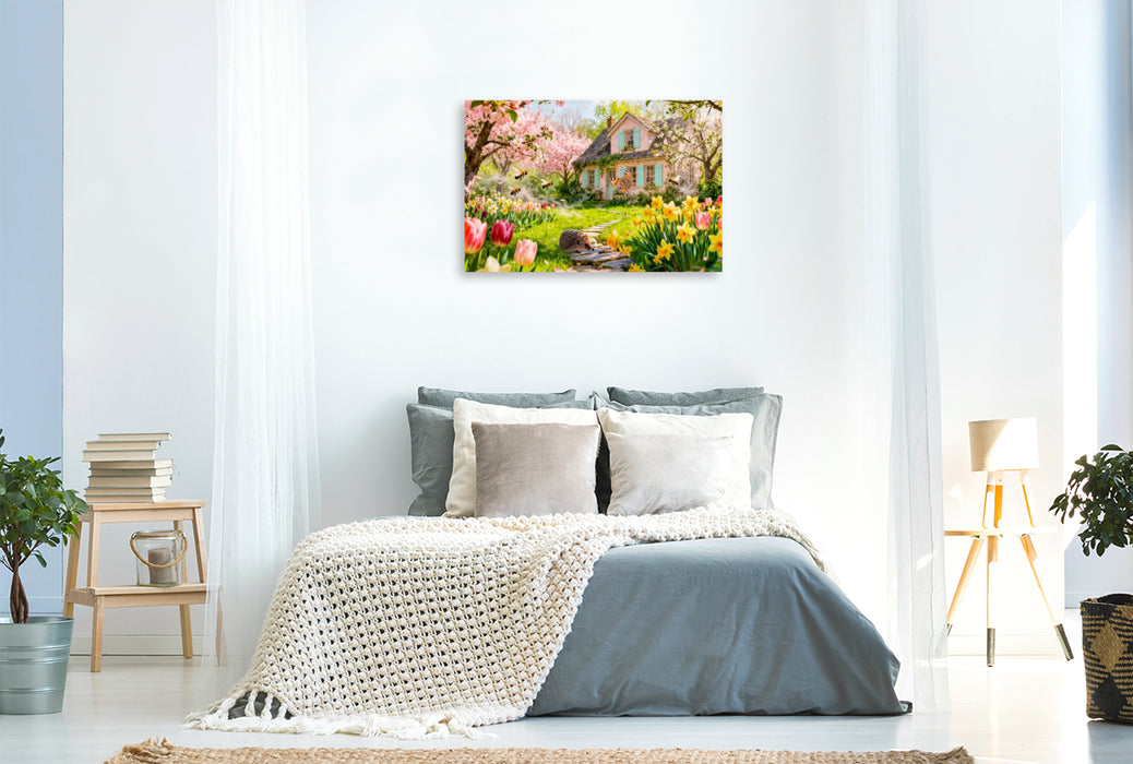 Premium Textil-Leinwand Frühlings‑Cottage mit Igel und blühenden Kirschbäumen