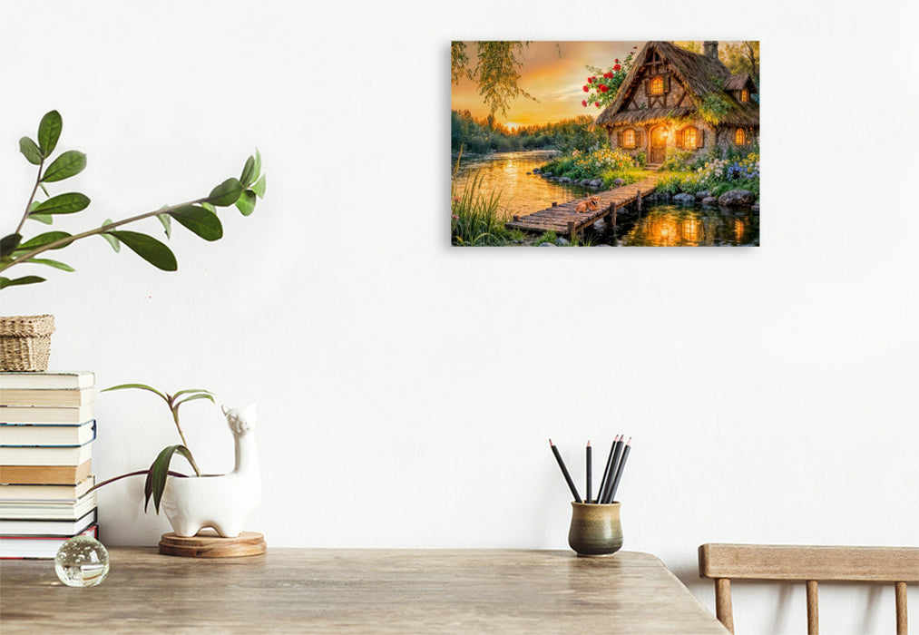 Premium Textil-Leinwand Spätsommer‑Cottage am Fluss mit Hund auf der Brücke