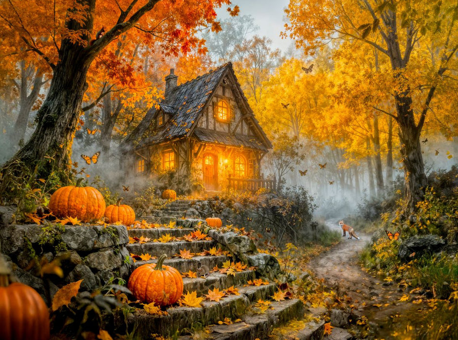 Herbst‑Cottage im bunten Wald mit Kürbis und Fuchs - CALVENDO Foto-Puzzle'