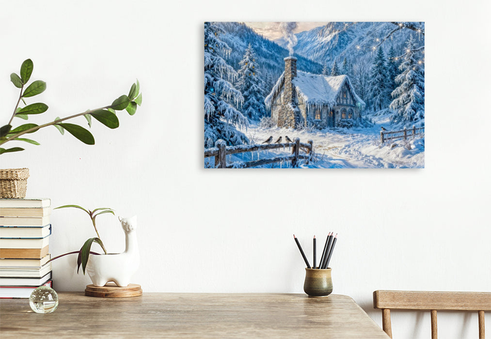 Premium Textil-Leinwand Winter‑Cottage im Bergwald mit Zaun und Waldvögeln