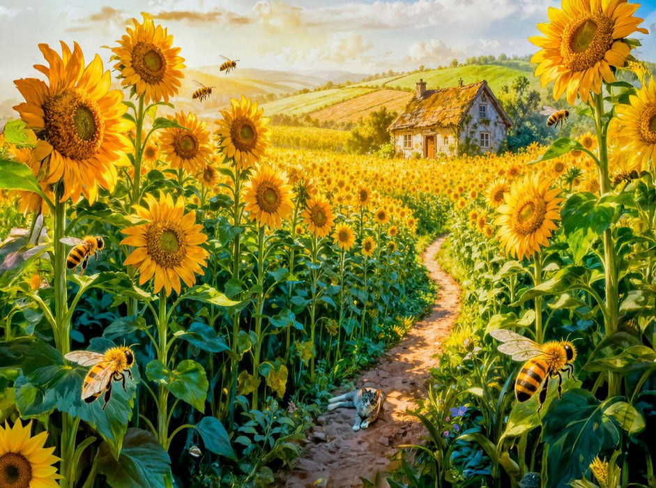 Cottage im Sonnenblumenfeld mit Katze auf dem Weg - CALVENDO Foto-Puzzle'