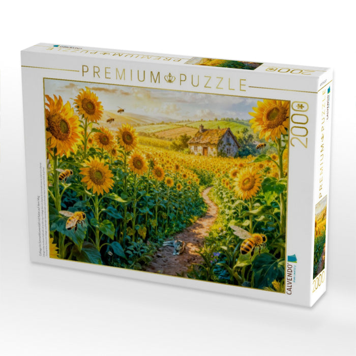 Cottage im Sonnenblumenfeld mit Katze auf dem Weg - CALVENDO Foto-Puzzle'