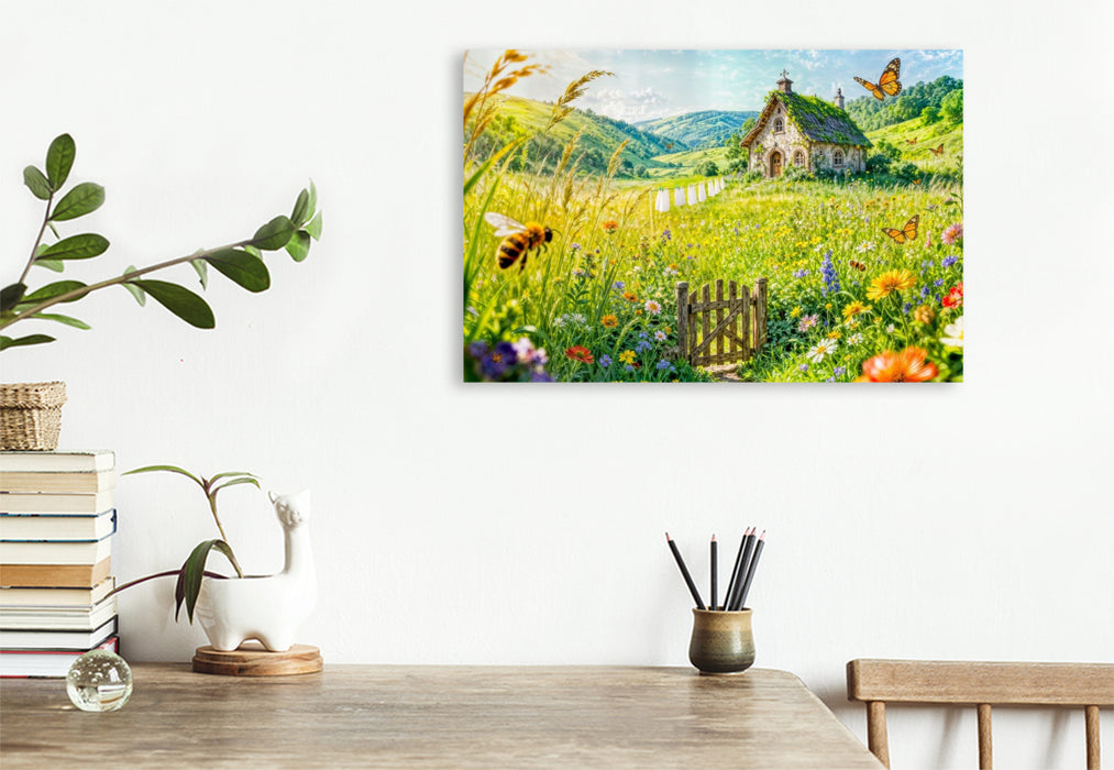 Premium Textil-Leinwand Sommer‑Cottage auf Blumenwiese mit Wäscheleine