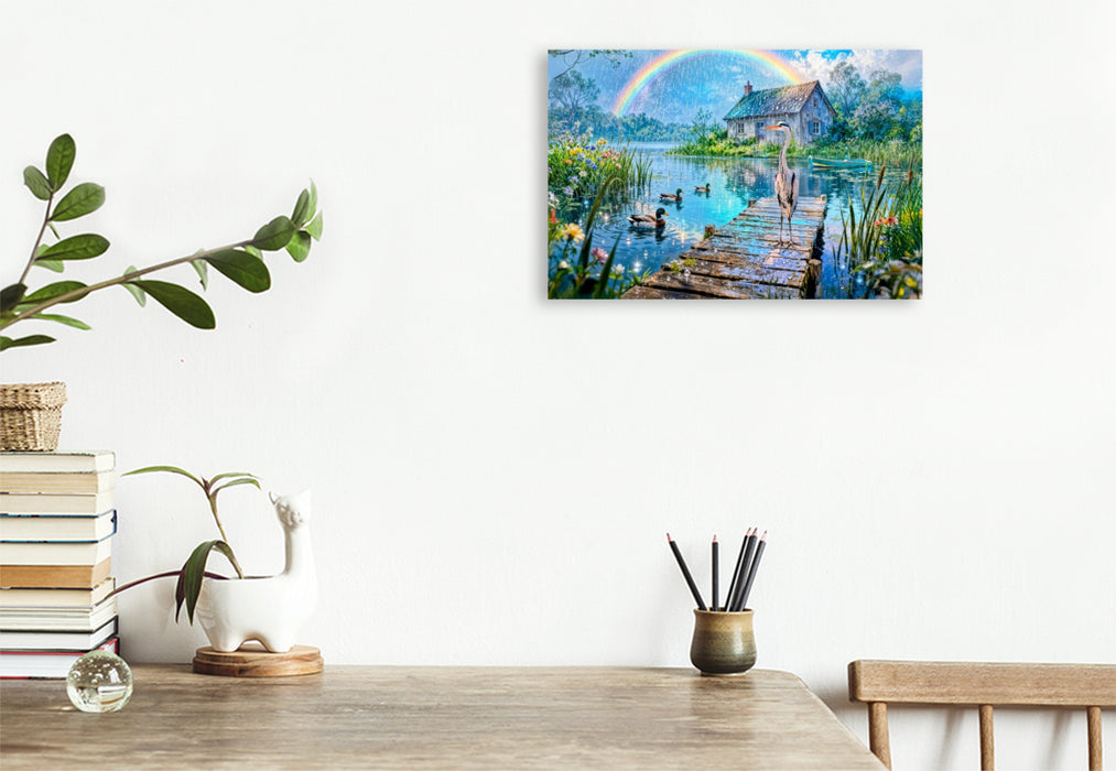 Premium Textil-Leinwand Cottage am See mit Regenbogen und Wasservögeln