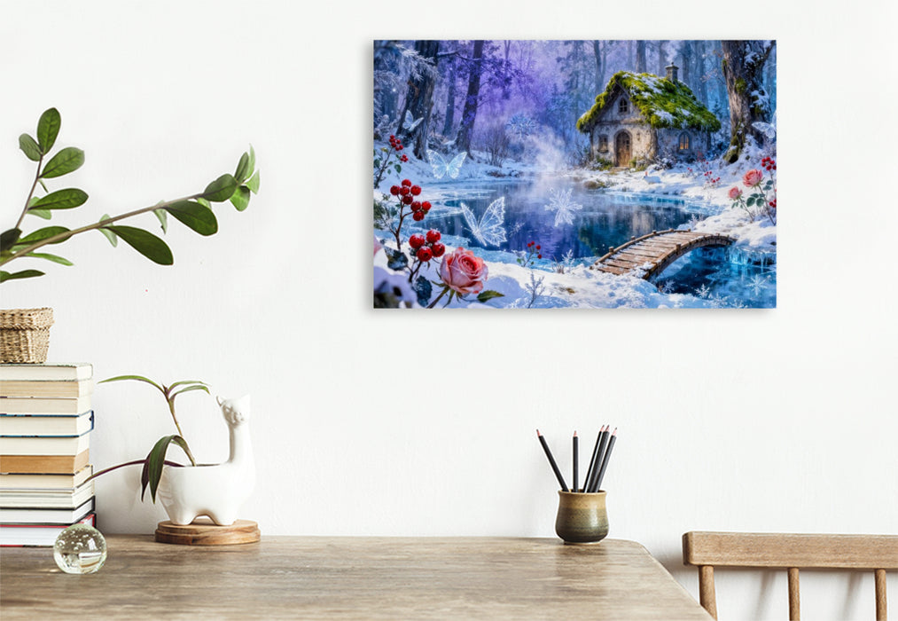Premium Textil-Leinwand Winter‑Cottage am Bach mit Brücke und Rosenzauber
