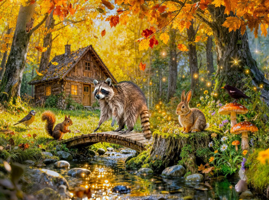 Herbst‑Cottage am Bach mit Ahornbaum und Waldtieren - CALVENDO Foto-Puzzle'