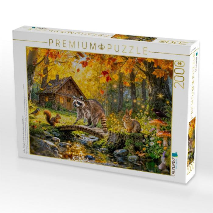 Herbst‑Cottage am Bach mit Ahornbaum und Waldtieren - CALVENDO Foto-Puzzle'
