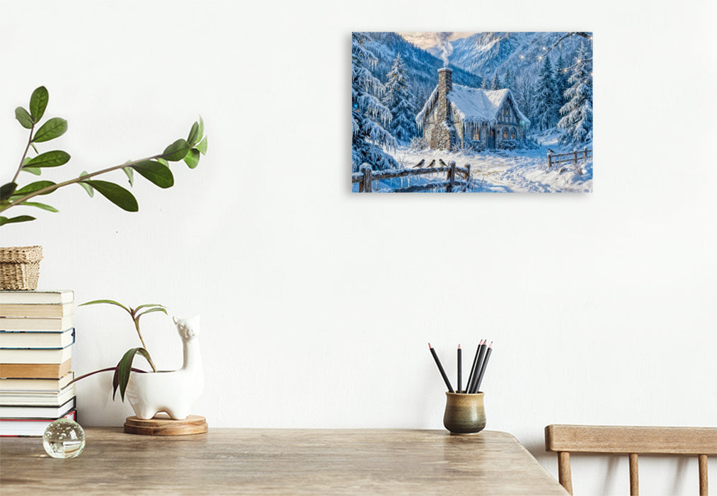 Premium Textil-Leinwand Winter‑Cottage im Bergwald mit Zaun und Waldvögeln