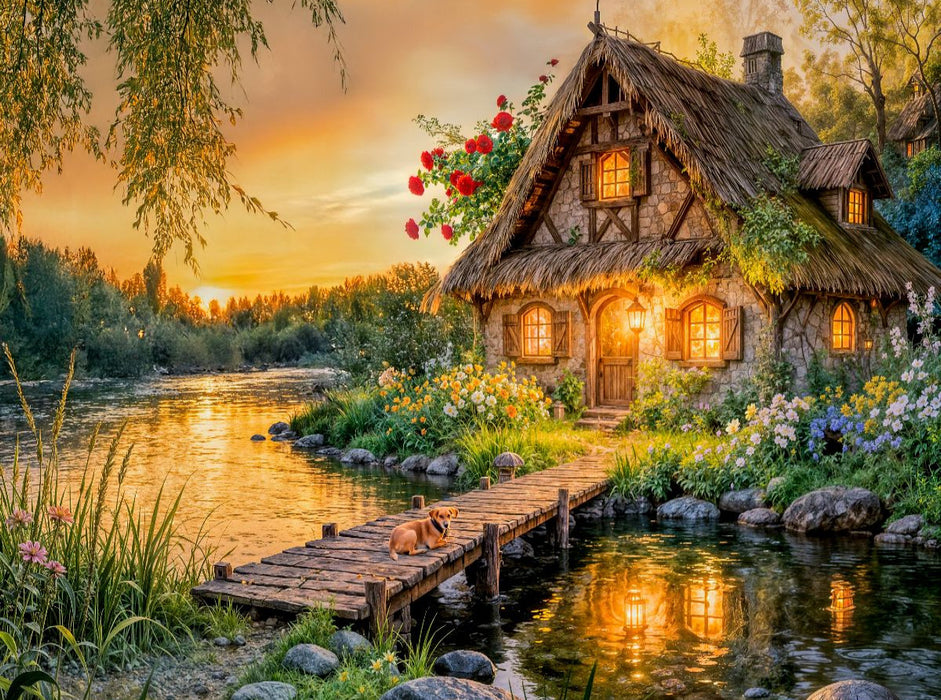 Spätsommer‑Cottage am Fluss mit Hund auf der Brücke - CALVENDO Foto-Puzzle'