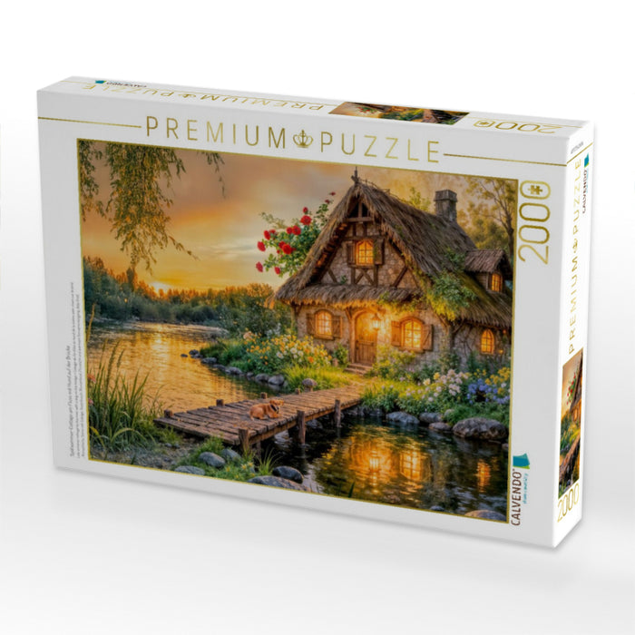 Spätsommer‑Cottage am Fluss mit Hund auf der Brücke - CALVENDO Foto-Puzzle'