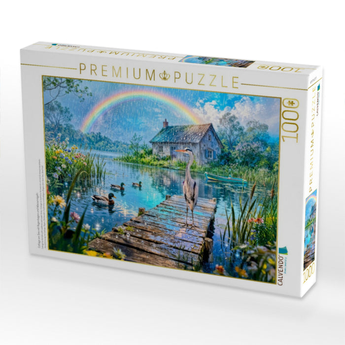 Cottage am See mit Regenbogen und Wasservögeln - CALVENDO Foto-Puzzle'