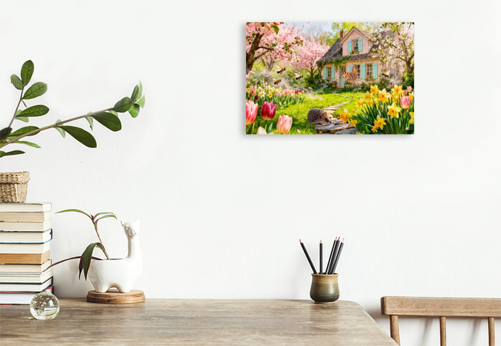 Premium Textil-Leinwand Frühlings‑Cottage mit Igel und blühenden Kirschbäumen