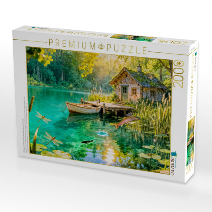 Cottage am Weiher mit Fischhütte, Boot und Forelle - CALVENDO Foto-Puzzle'