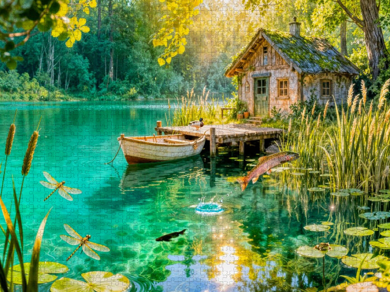 Cottage am Weiher mit Fischhütte, Boot und Forelle - CALVENDO Foto-Puzzle'