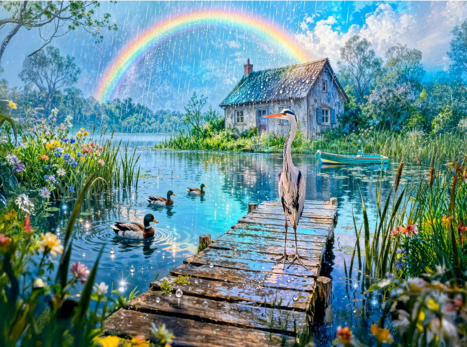 Cottage am See mit Regenbogen und Wasservögeln - CALVENDO Foto-Puzzle'