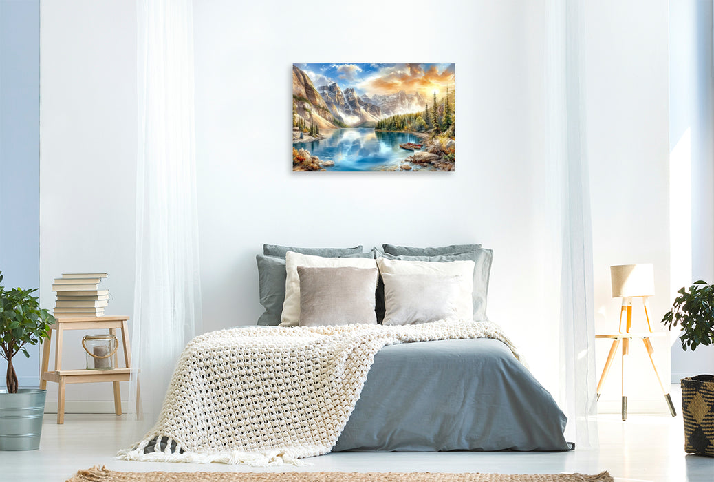 Premium Textil-Leinwand Der Moraine Lake - ein von Gletschern gespeister Bergsee in den Rocky Mountains