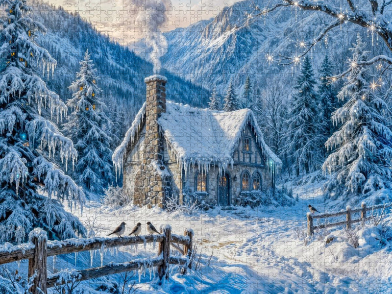 Winter‑Cottage im Bergwald mit Zaun und Waldvögeln - CALVENDO Foto-Puzzle'