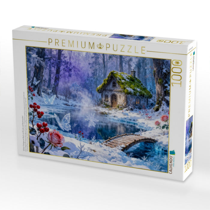 Winter‑Cottage am Bach mit Brücke und Rosenzauber - CALVENDO Foto-Puzzle'