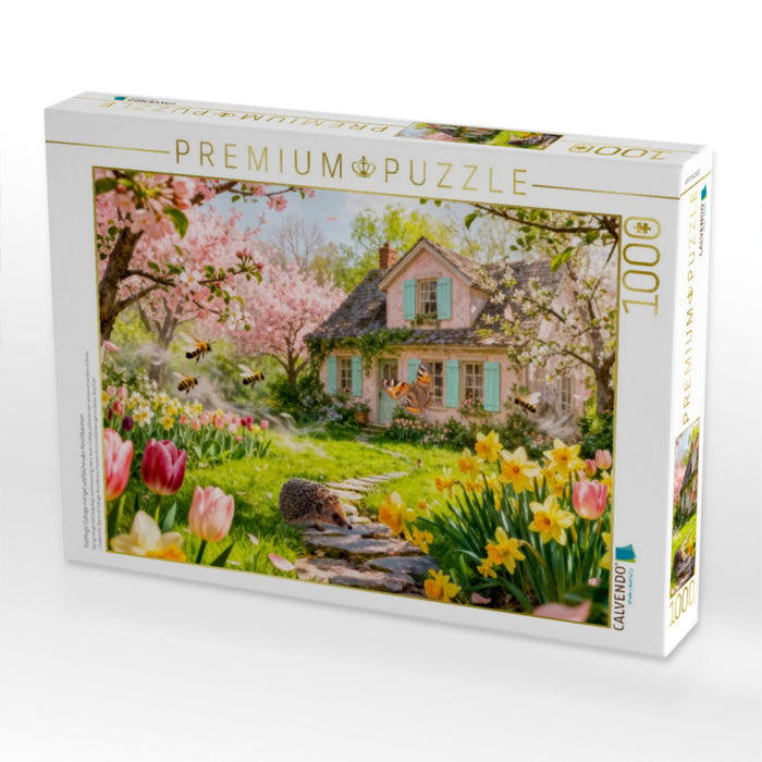 Frühlings‑Cottage mit Igel und blühenden Kirschbäumen - CALVENDO Foto-Puzzle'