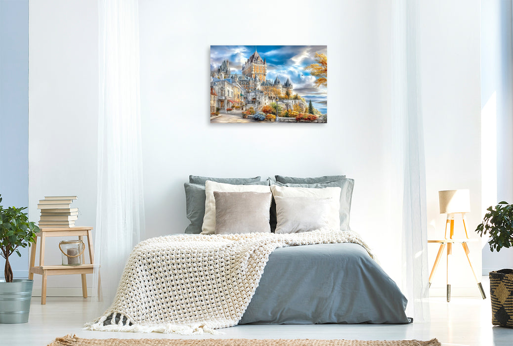 Premium Textil-Leinwand Die historische Altstadt von Québec mit Blick auf das majestätische Château Frontenac