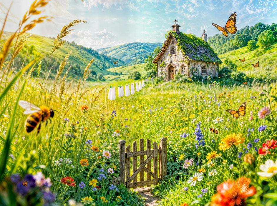 Sommer‑Cottage auf Blumenwiese mit Wäscheleine - CALVENDO Foto-Puzzle'