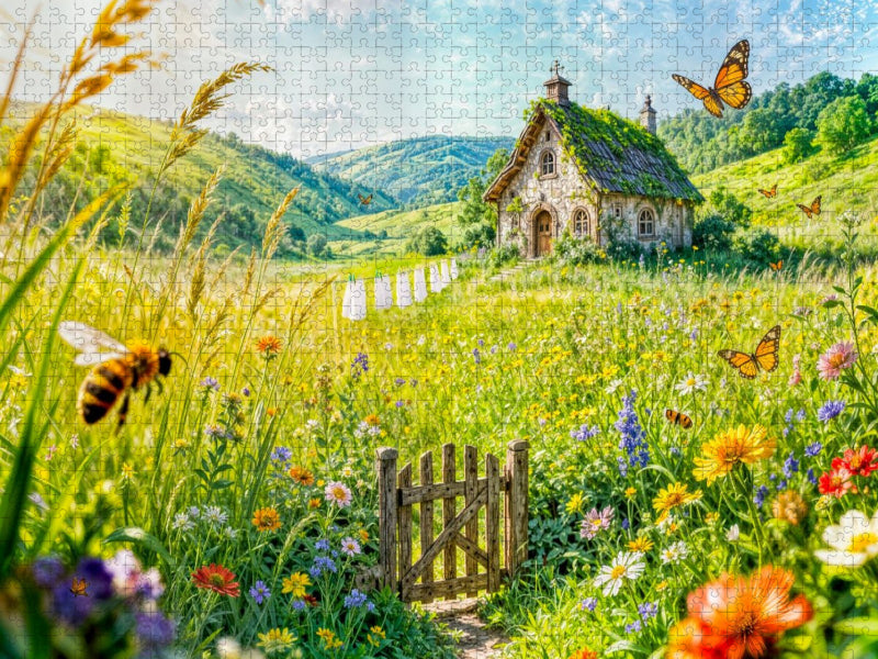 Sommer‑Cottage auf Blumenwiese mit Wäscheleine - CALVENDO Foto-Puzzle'