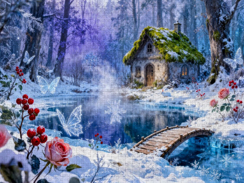 Winter‑Cottage am Bach mit Brücke und Rosenzauber - CALVENDO Foto-Puzzle'