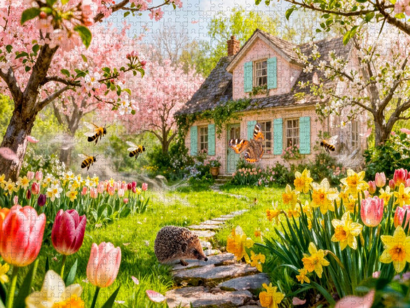 Frühlings‑Cottage mit Igel und blühenden Kirschbäumen - CALVENDO Foto-Puzzle'