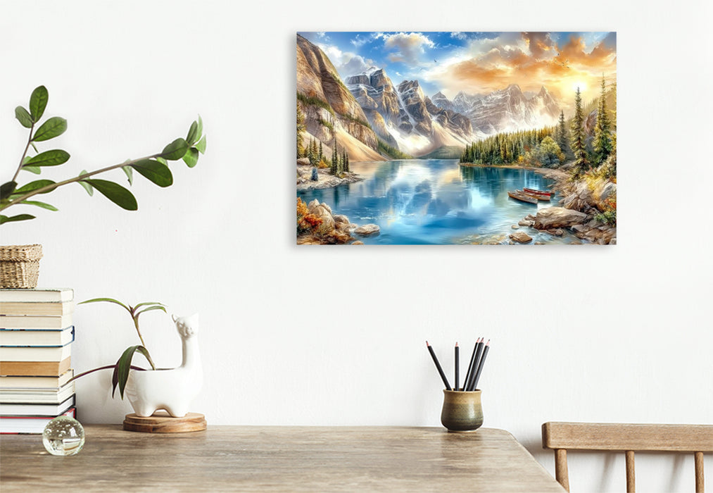 Premium Textil-Leinwand Der Moraine Lake - ein von Gletschern gespeister Bergsee in den Rocky Mountains