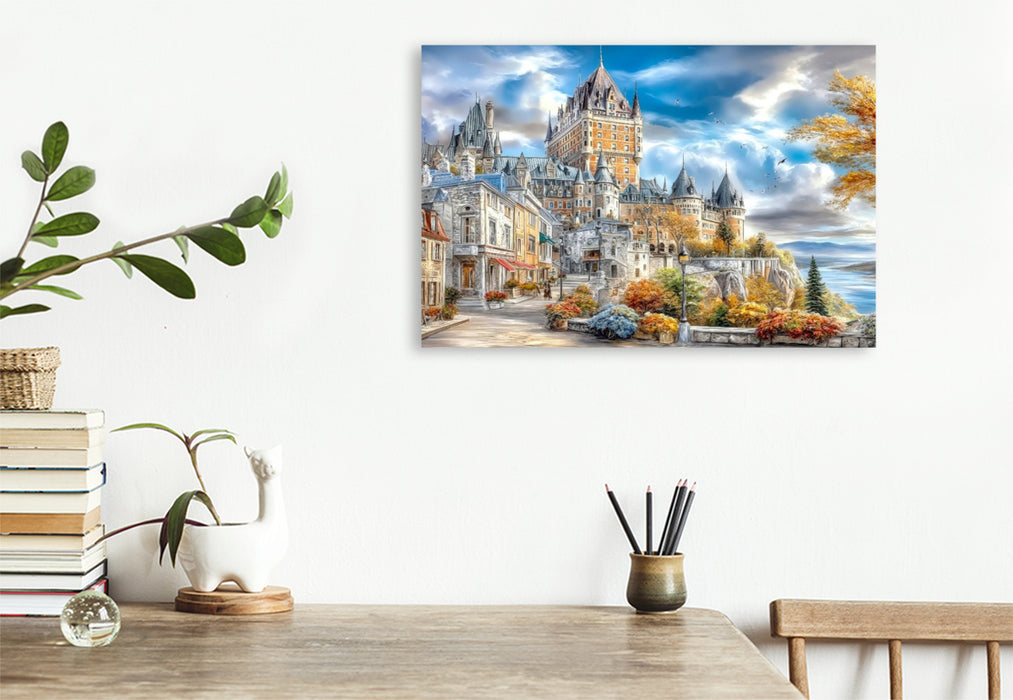 Premium Textil-Leinwand Die historische Altstadt von Québec mit Blick auf das majestätische Château Frontenac