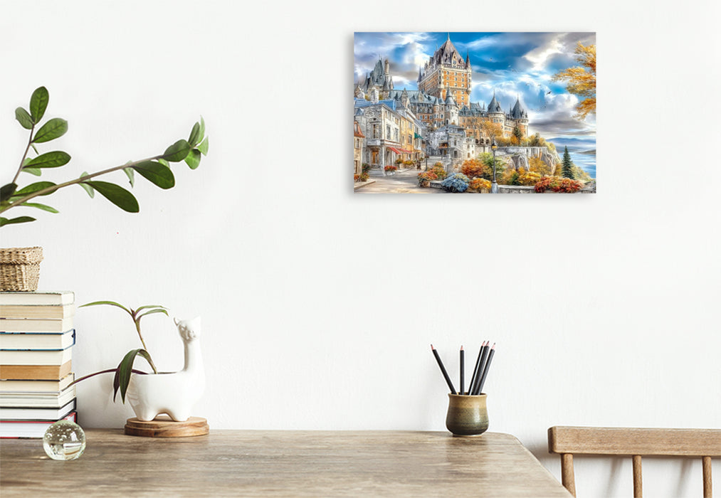 Premium Textil-Leinwand Die historische Altstadt von Québec mit Blick auf das majestätische Château Frontenac