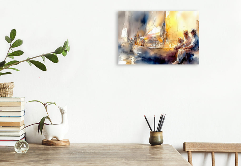 Premium Textil-Leinwand Klönschnack auf der Hafenmauer