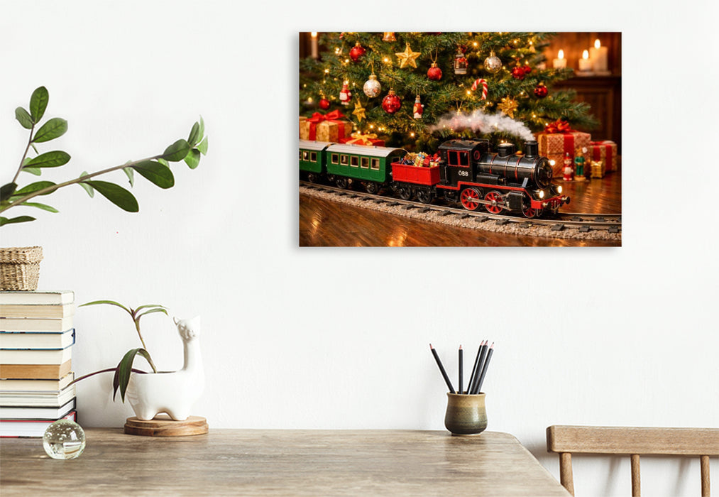 Premium Textil-Leinwand Weihnachtliche Eisenbahn unter dem Christbaum