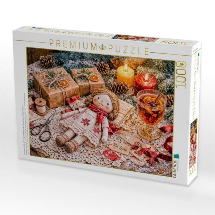 Handgeschneiderte Vintage‑Stoffpuppe auf dem Weihnachtsgabentisch - CALVENDO Foto-Puzzle'