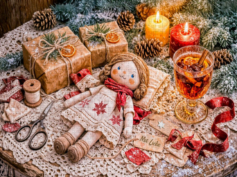 Handgeschneiderte Vintage‑Stoffpuppe auf dem Weihnachtsgabentisch - CALVENDO Foto-Puzzle'