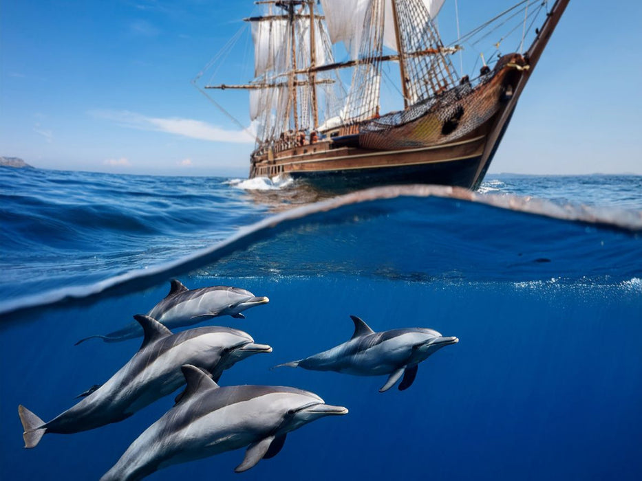 Delfine begleiten ein historisches Schiff - CALVENDO Foto-Puzzle'