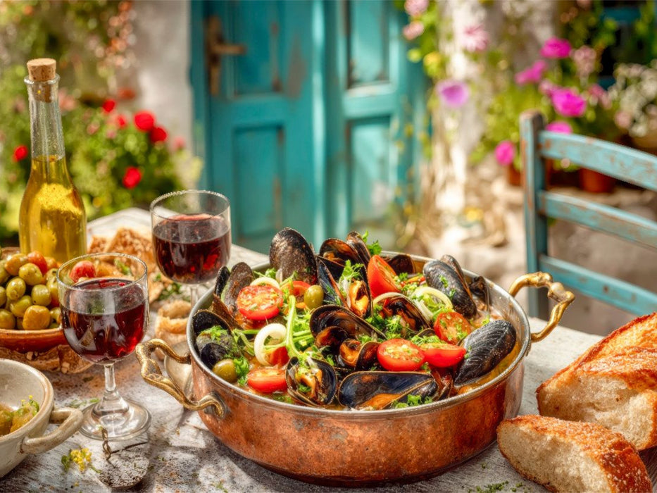 Miesmuscheln in Weißweinbrühe mit Lauchringen und Kirschtomaten - CALVENDO Foto-Puzzle'