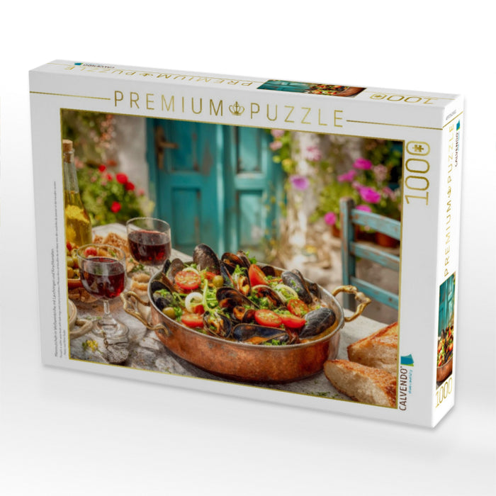 Miesmuscheln in Weißweinbrühe mit Lauchringen und Kirschtomaten - CALVENDO Foto-Puzzle'