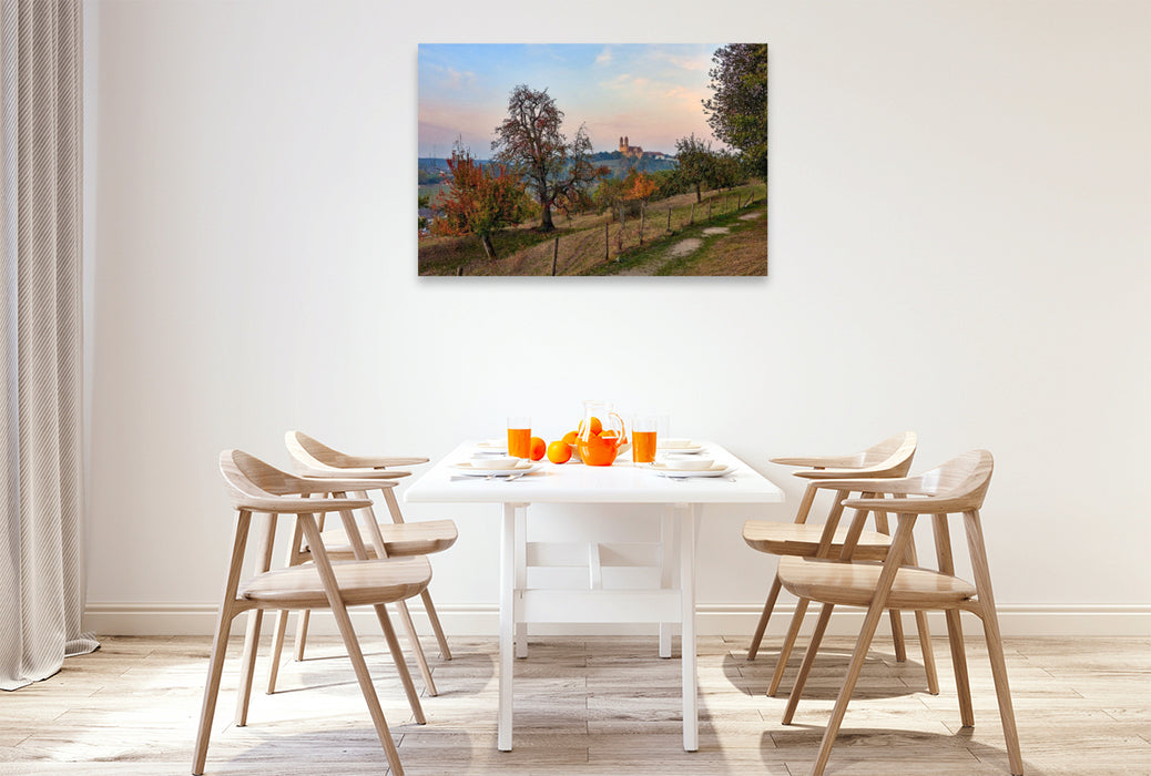 Premium Textil-Leinwand Die Wallfahrtskirche in Ellwangen im Sonnenuntergang, Baden-Württemberg, Deutschland