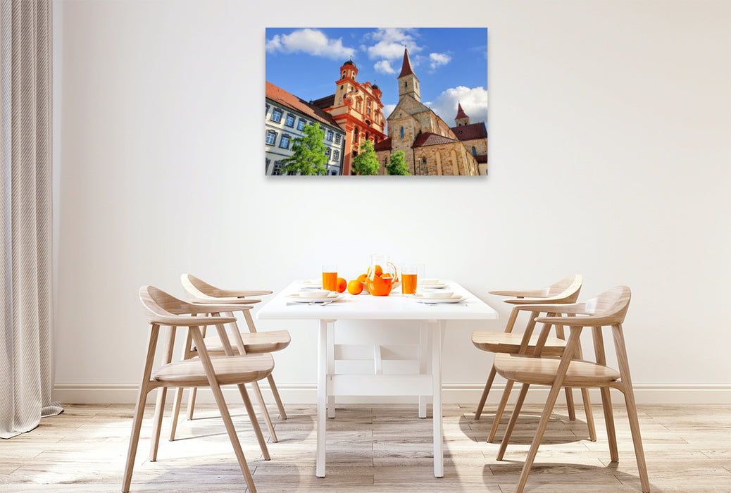 Premium Textil-Leinwand Die barocke Stadtkirche Ellwangen neben der Basilika St. Vitus in Ellwangen, Baden-Würtemberg