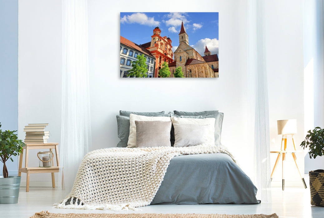 Premium Textil-Leinwand Die barocke Stadtkirche Ellwangen neben der Basilika St. Vitus in Ellwangen, Baden-Würtemberg