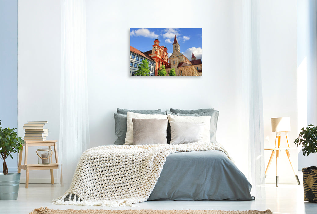Premium Textil-Leinwand Die barocke Stadtkirche Ellwangen neben der Basilika St. Vitus in Ellwangen, Baden-Würtemberg
