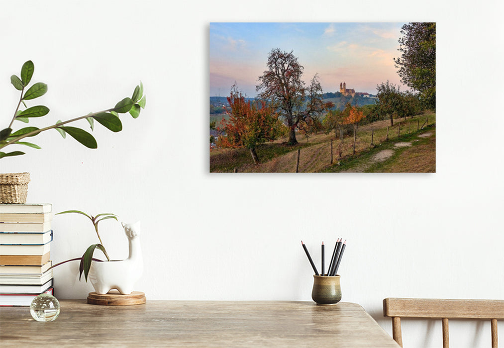 Premium Textil-Leinwand Die Wallfahrtskirche in Ellwangen im Sonnenuntergang, Baden-Württemberg, Deutschland